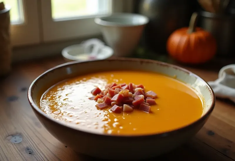 Velouté de potiron onctueux au jambon croustillant