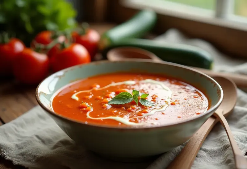 Velouté onctueux de tomates olivettes et courgettes fraîches