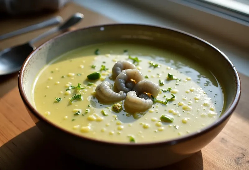 Velouté onctueux d'endives et courgettes aux crevettes grises