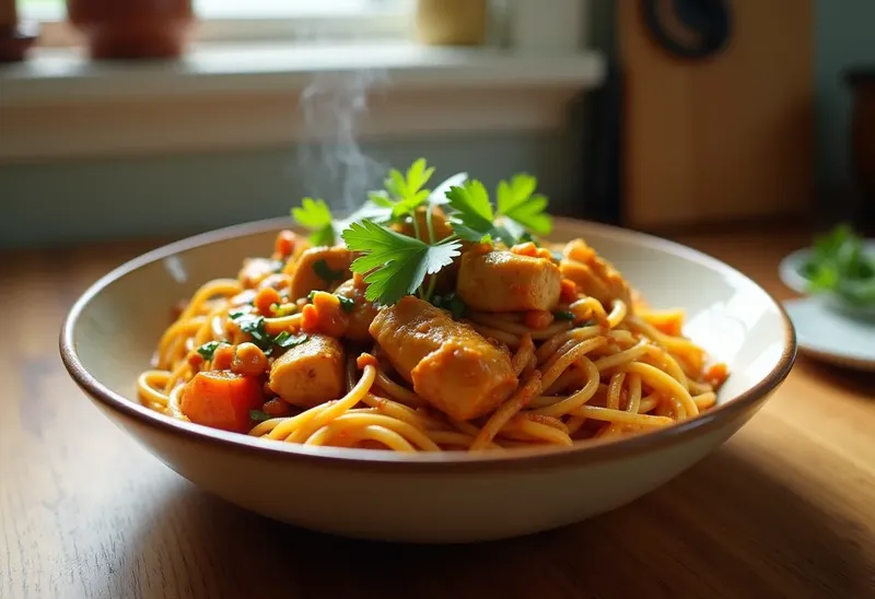 Wok de dinde au curry et nouilles chinoises savoureux