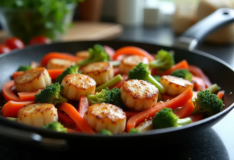 Wok de légumes croquants aux noix de Saint-Jacques fondantes