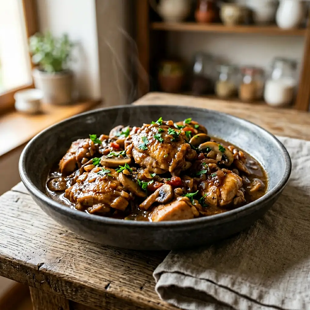 Recette Poulet sauce chasseur traditionnelle au vin blanc ...